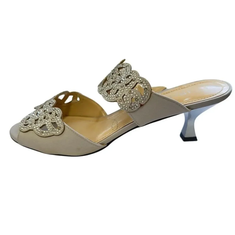 J Renee Francie Silver Low Heel‎ Sandals 9W Rhinestone Embellished - Picture 4 of 9